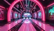 © miss irine - Futuristic bowling alley with vibrant neon lights, striking mural art. Modern entertainment space features glowing tunnel, disco balls, colorful abstract designs. Perfect for social gatherings, night