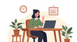 © agra - Woman with headset waving hand while working on laptop at wooden desk.