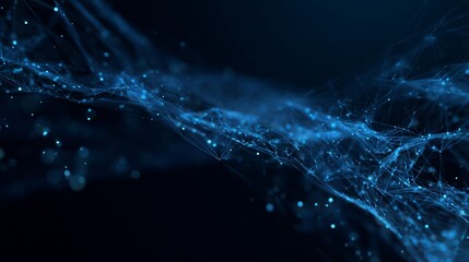 Dynamic abstract network connections pulse with vibrant blue light, symbolizing data flow and technological innovation in a futuristic digital space.