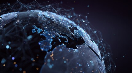 Dynamic digital globe with glowing data points and network connections symbolizes global connectivity and technological advancement