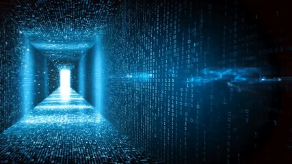 Data corridor leading to digital future, glowing code in perspective