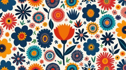 Colorful vector pattern with abstract shapes, flowers, and geometric elements, suitable for printing on t-shirts, stickers, mugs, and pillows.

