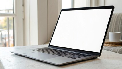 Laptop with blank white screen on table near window modern portable computer with empty display for mockup isolated on white background