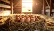 © Radio - Freshly laid eggs in a straw nest, inside a rustic barn bathed in warm sunlight, farm life