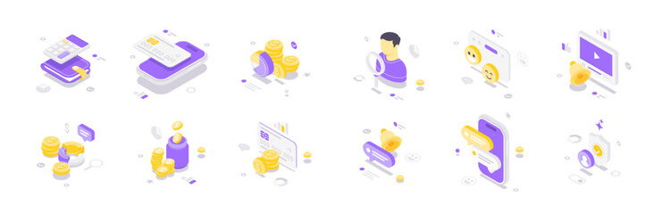 Wall Mural - Isometric vector illustration featuring digital finance icons including mobile banking, payments, analytics, investments, multimedia, and communication in a modern pastel color scheme