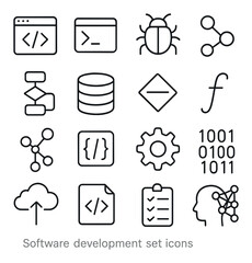 Software development linear icon set. featuring code, bug, database, algorithm, cloud, and ai symbols