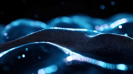 Glowing blue digital wave pattern with particle effects on dark background, futuristic technology visualization with depth of field and bokeh elements.