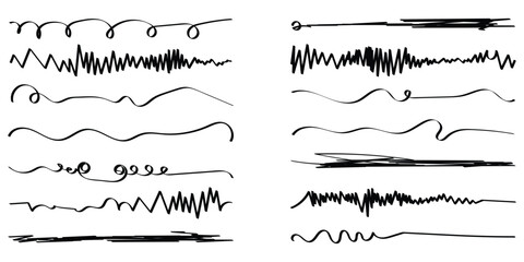 Black hand drawn underline calligraphy set. Modern simple dark lines. Isolated dark line set. Dark curved underline icon set on white page. Isolated dark lines.  EPS 10. 