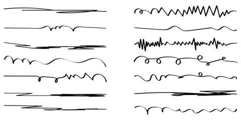 Black hand drawn underline calligraphy set. Modern simple dark lines. Isolated dark line set. Dark curved underline icon set on white page. Isolated dark lines.  EPS 10. 