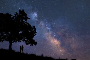 Wall Mural - Silhouetted Travelers Embracing Under a Starry Milky Way Sky on a Hilltop