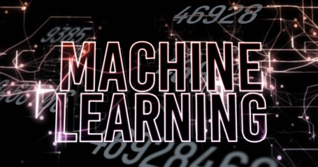 Wall Mural - Floating neon-outlined MACHINE LEARNING text in network, with glowing network lines and numbers
