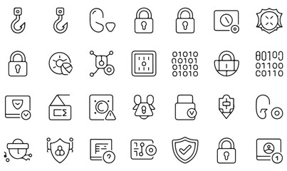 Minimalist vector icons representing hacking, malware, internet fraud, identity theft, secure data, and system protection