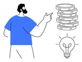 Wall Mural - Man pointing at stacked coins and a glowing light bulb, emphasizing financial growth, innovation, and creative ideas. Ideal for business, entrepreneurship, savings, economy, ideas financial