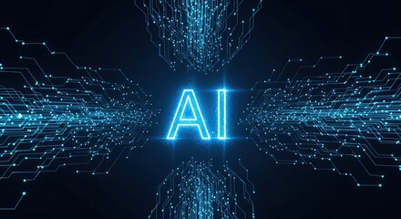 Ai text glowing blue with digital circuit board background