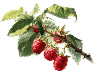 Botanical Vintage Raspberry: Hand-Drawn Berry Branch Illustration on Clean White Background