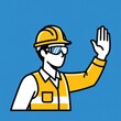 © IbragimovN - Minimalist construction worker icon with hard hat and safety vest on blue background