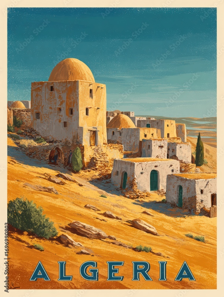 A picturesque view of traditional Algerian architecture featuring rounded buildings nestled in a vast desert.