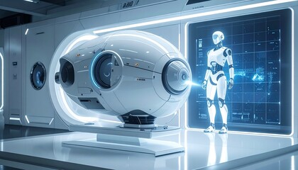 Futuristic scene with a high-tech capsule and robot, suggesting advancements in technology and exploration. The sleek, modern design conveys innovation and the future of technology.