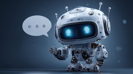 Friendly AI robot with glowing eyes and a speech bubble offers communication and assistance in a modern, futuristic setting