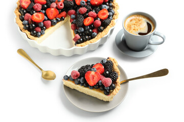 Wall Mural - Plate with delicious berry pie and cup of coffee on white background, closeup