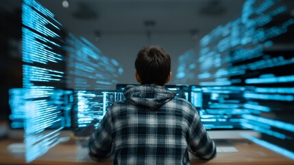 Focused programmer intensely coding complex data streams on multiple monitors in a dark, high-tech environment, visualizing digital information flow.