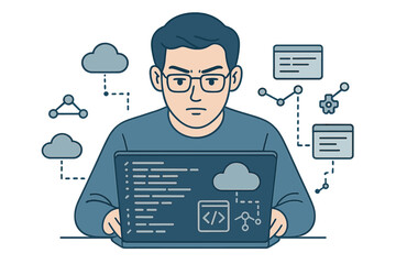 A software developer coding with AR creates a new dashboard design featuring computer icons, employing scrum and agile development, code forking, versioning, and responsive cybersecurity, while