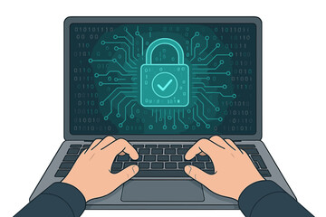 Using cybersecurity and privacy principles to safeguard data, illustrated by a lock icon and internet network security technology, as a businessman protects personal information on a computer and