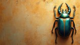 Intricate illustration of sacred Egyptian scarab beetle with ornate detailing, set against textured sandy background. Beetle emerald green with gold accents, featuring striking horned head, segmented
