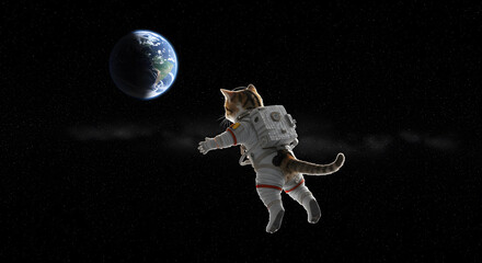 whimsical cat astronaut floats in outer space towards planet earth