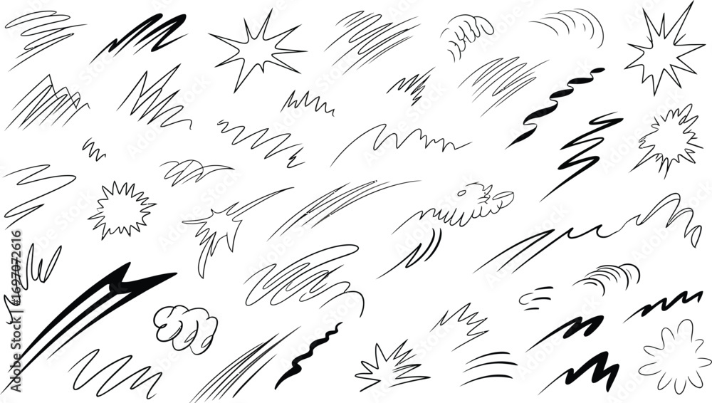 Dynamic collection of hand-drawn comic book action lines and speed ...