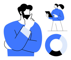 Wall Mural - A man thinking with hand on chin, a woman analyzing data on a tablet, and a pie chart. Ideal for business analysis, teamwork, data visualization, brainstorming, planning, technology simple landing