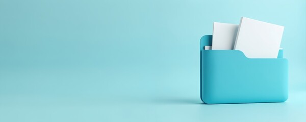 Minimalist 3D render illustration of blue folder holding papers. Modern design on clean blue background. Represents office organization, digital data storage, business applications, technology