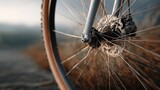 Close-up of a bicycle wheel, showcasing its intricate details and earthy tones.