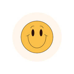 Wall Mural - Groovy retro smile face in yellow circle label style sticker. Happy sticker seal for y2k package with lid concept, graphic accent for cool product branding and pop packaging design.