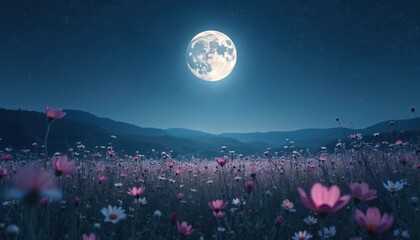 Wall Mural - peaceful night scene features glowing full moon centered in starry sky. soft light illuminates field
