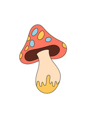 Wall Mural - groovy retro mushroom sticker in psychedelic cartoon graphic style and colorful yellow magic shroom 