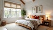 © miss irine - Bright, cozy modern farmhouse bedroom features white walls, natural linen Roman blinds, soft neutral decor. Wooden bed frame with crisp white bedding, burnt orange pillows offers comfort. Two framed