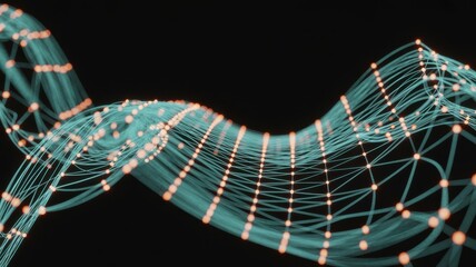 An abstract 3d rendering showcases interconnected nodes and lines, representing a complex network or data flow against a dark backdrop
