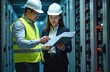 © miss irine - Asian male female engineers discuss data center technical plans. Wear helmets, vests, work in server room. Pro specialists team working with servers, data storage, cloud computing. Data center,