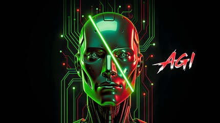 Futuristic robot face lit by neon green and red against dark circuit-board background, 3D render with diagonal laser line and copy space for AGI themes.