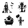 © S - Cozy Halloween themed vector illustration set with vampire, ghosts, and spooky tree
