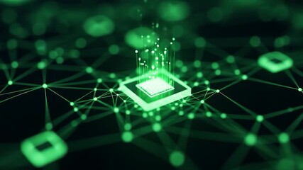 Glowing Green Processor: Data Transfer and Network Connection in Technological Advancement
