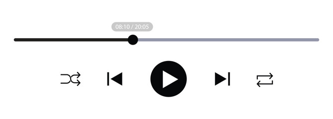 Simple media player controller vector with a progress bar and navigation icons. User interface design for a website or application featuring audio playback functions