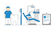 © Moe - A minimal vector illustration of a dentist, dental equipment, and a patient chart for dental health awareness campaigns and clinic promotional materials