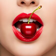© AI Art - A 'cherry on top' detail shot. A close-up on a woman's beautifully painted, bright red lips. She is holding the stem of a single, perfect cherry between her teeth. The shot is playful, iconic, and cap