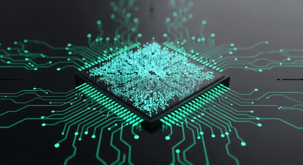A glowing, intricate microchip with illuminated circuitry radiating outwards, symbolizing advanced technology and digital connectivity.