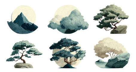 Elegant Nature Elements with Mountains and Trees in Various Art Styles