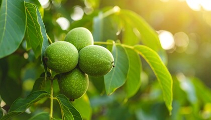 fresh walnuts on a tree branch