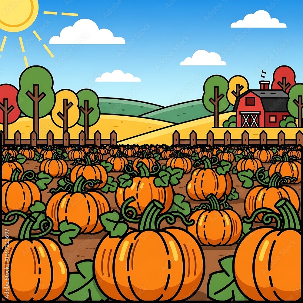 Vibrant autumn harvest scene with pumpkins under a sunny sky day Stock ...