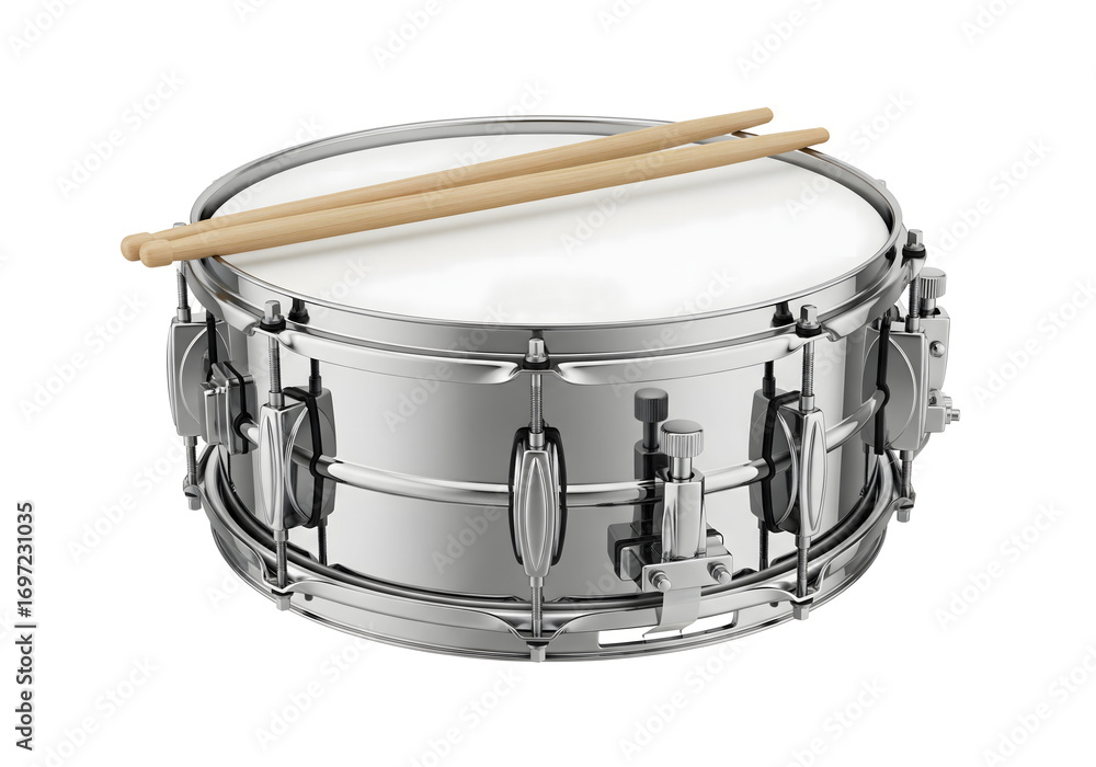 Shiny metallic snare drum with wooden drumsticks on top, professional ...